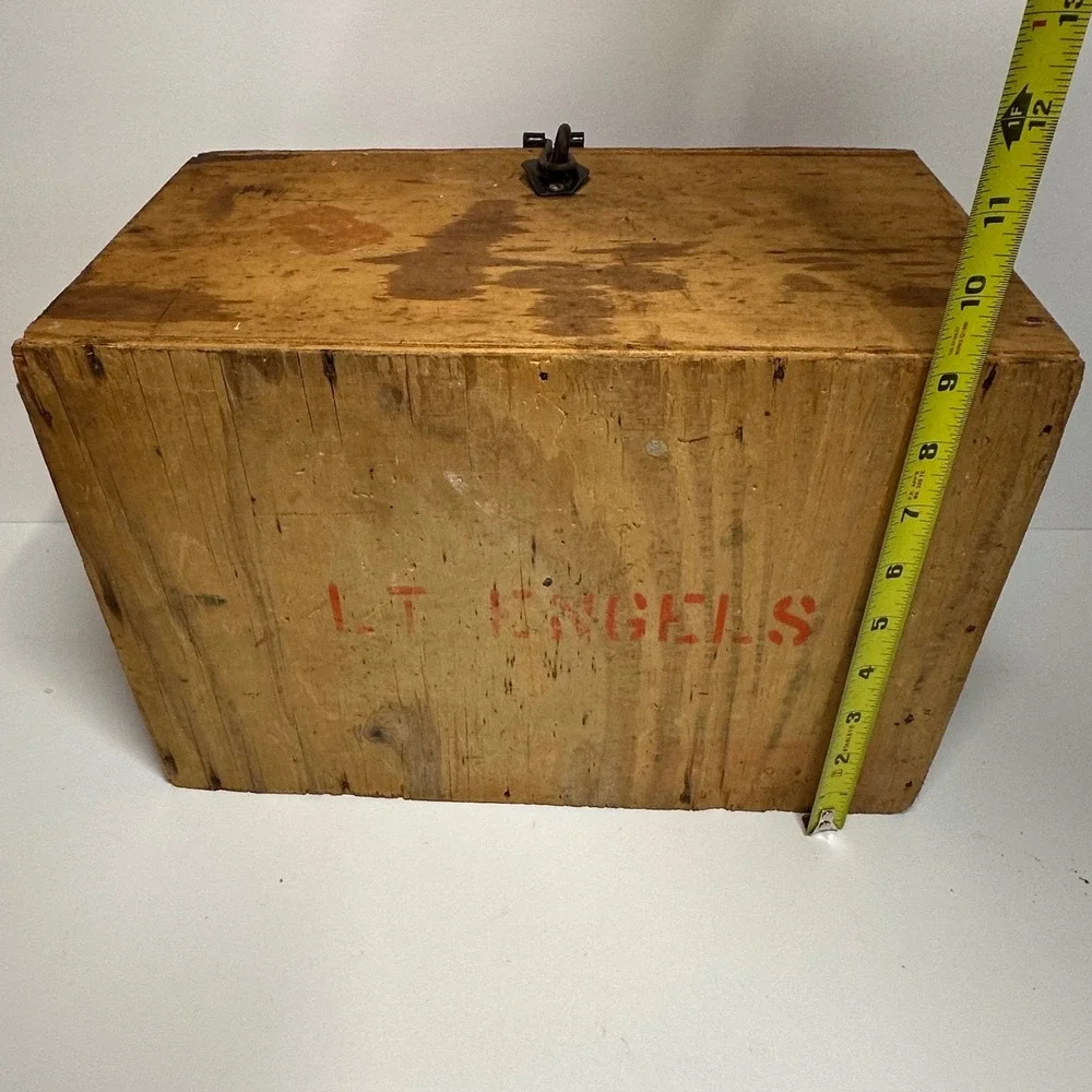 Vintage Small Wooden Military Footlocker Storage Chest Brown LT Engels Stencil